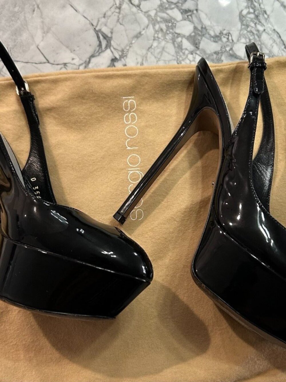 SERGIO ROSSI Black Patent Leather Platform Slingback Sandals Almond Peep Toe - Picture 3 of 8